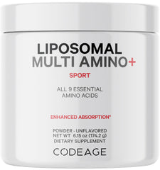 Codeage Liposomal Multi Amino+ bottle supports daily essential amino intake.
