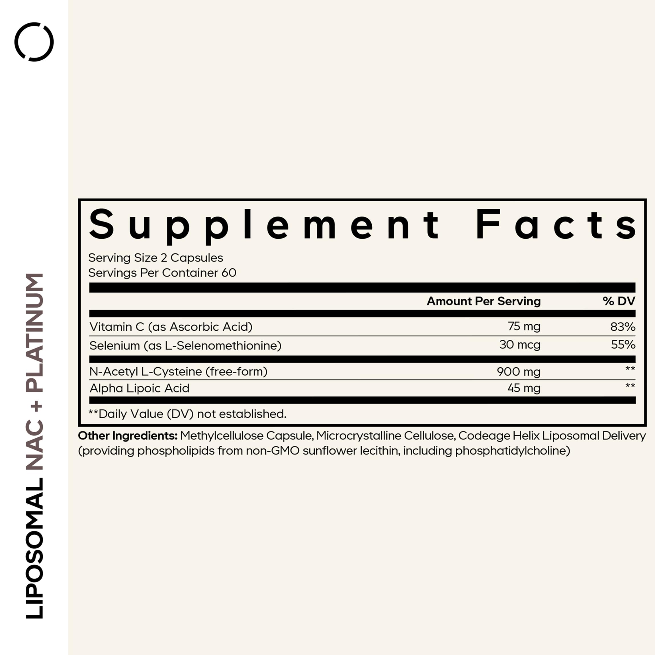 Codeage Liposomal NAC+ Platinum bottle side view showcasing compact packaging