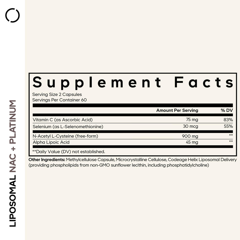 Codeage Liposomal NAC+ Platinum bottle side view showcasing compact packaging