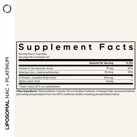 Codeage Liposomal NAC+ Platinum bottle side view showcasing compact packaging