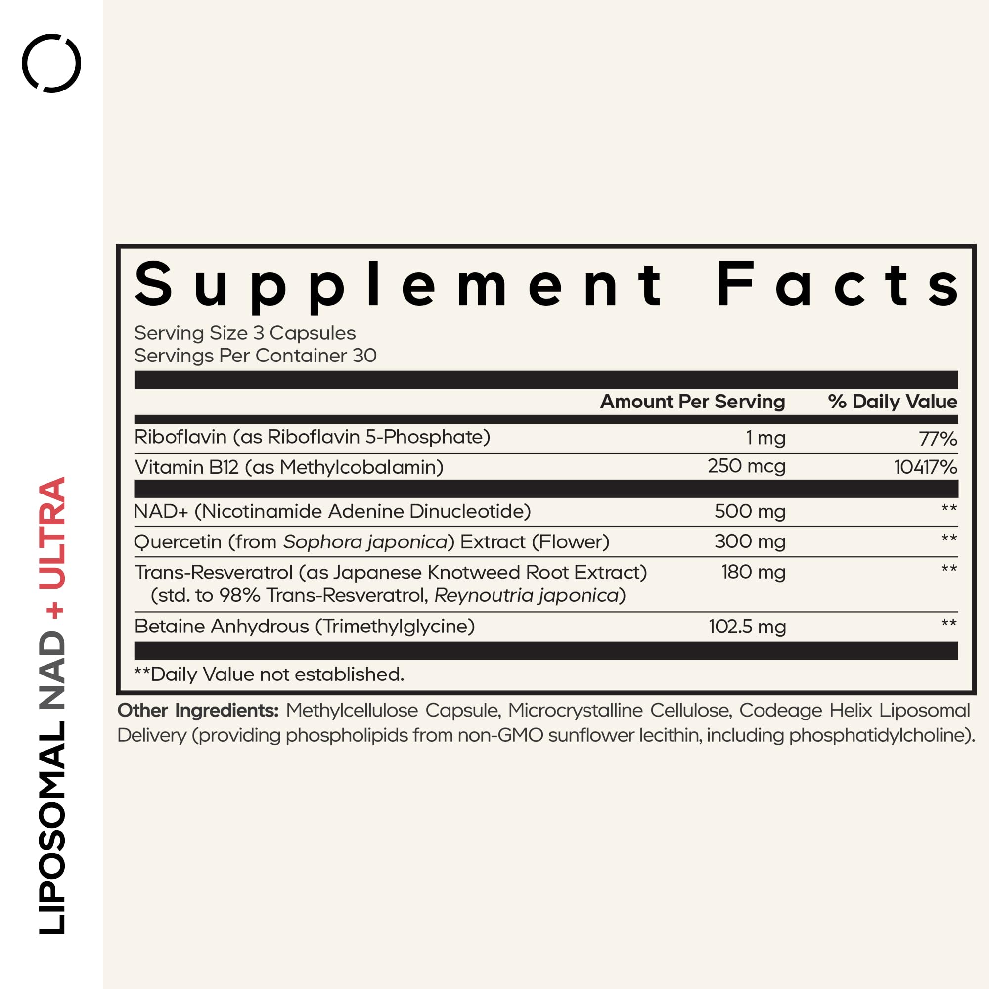 Codeage Liposomal NAD+ Ultra label shows NAD+, resveratrol, and B vitamins
