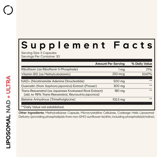 Codeage Liposomal NAD+ Ultra label shows NAD+, resveratrol, and B vitamins