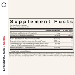 Codeage Liposomal NAD+ Ultra label shows NAD+, resveratrol, and B vitamins