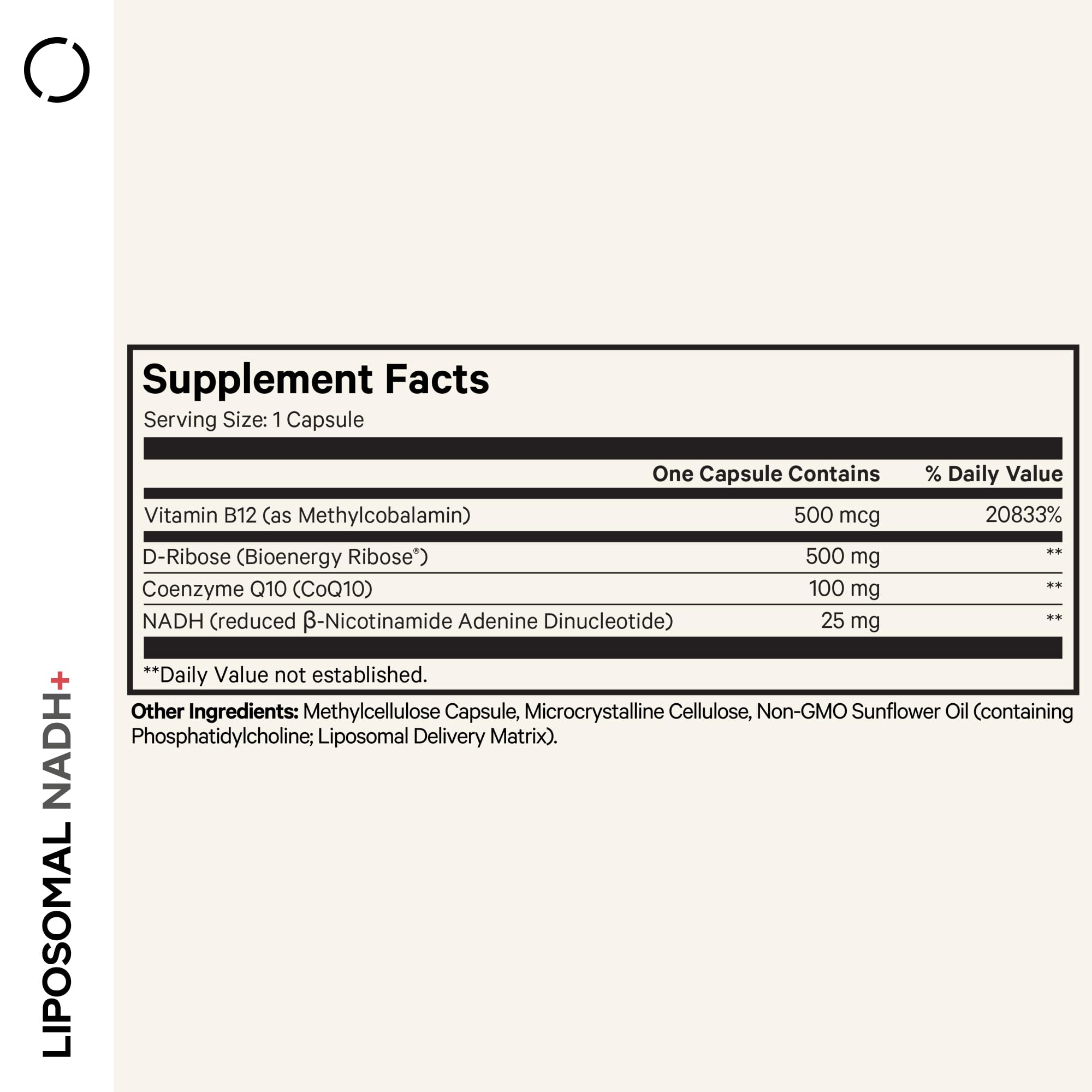 Codeage Liposomal NADH+ bottle back shows ingredients and purity details.