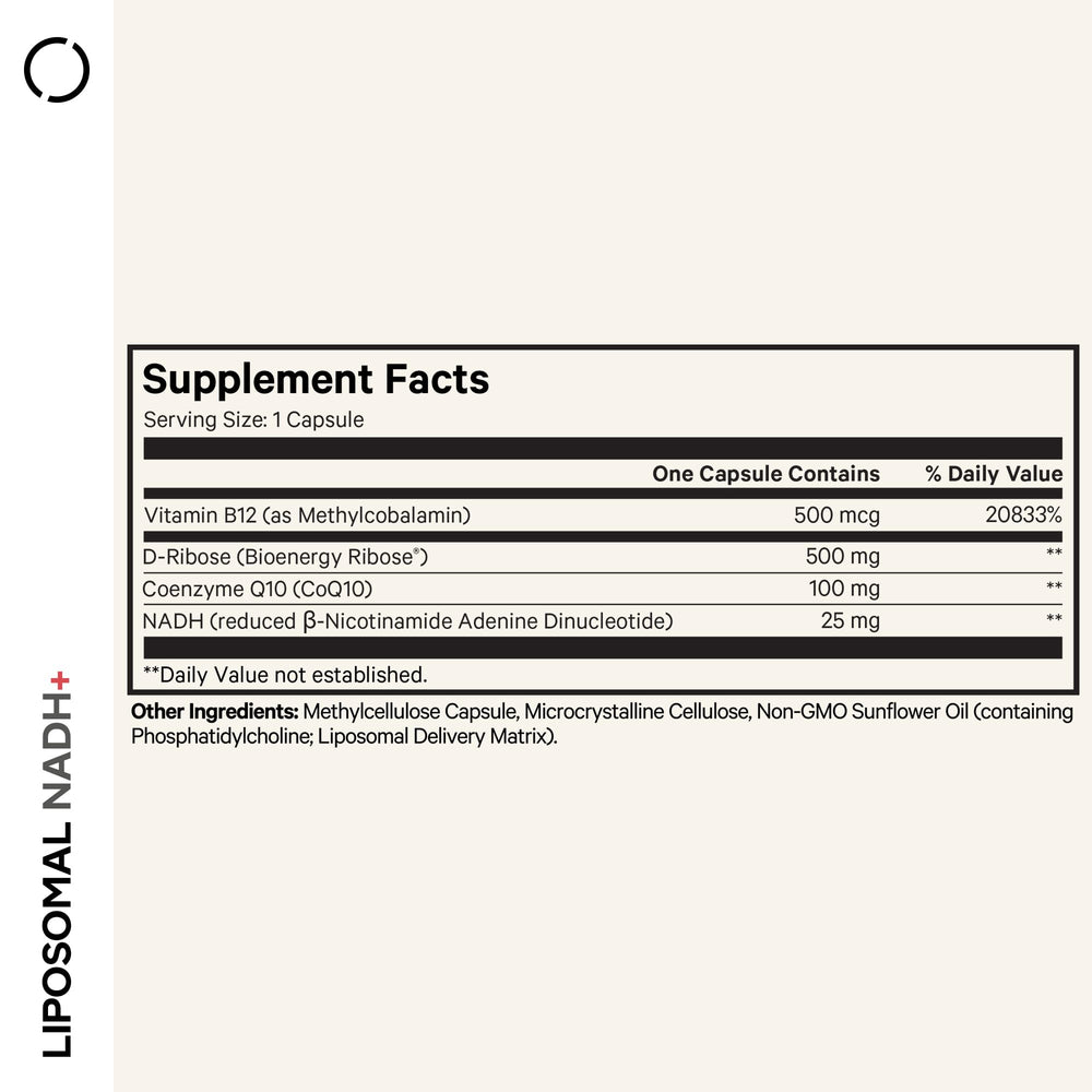 Codeage Liposomal NADH+ bottle back shows ingredients and purity details.