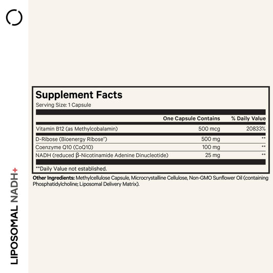 Codeage Liposomal NADH+ bottle back shows ingredients and purity details.