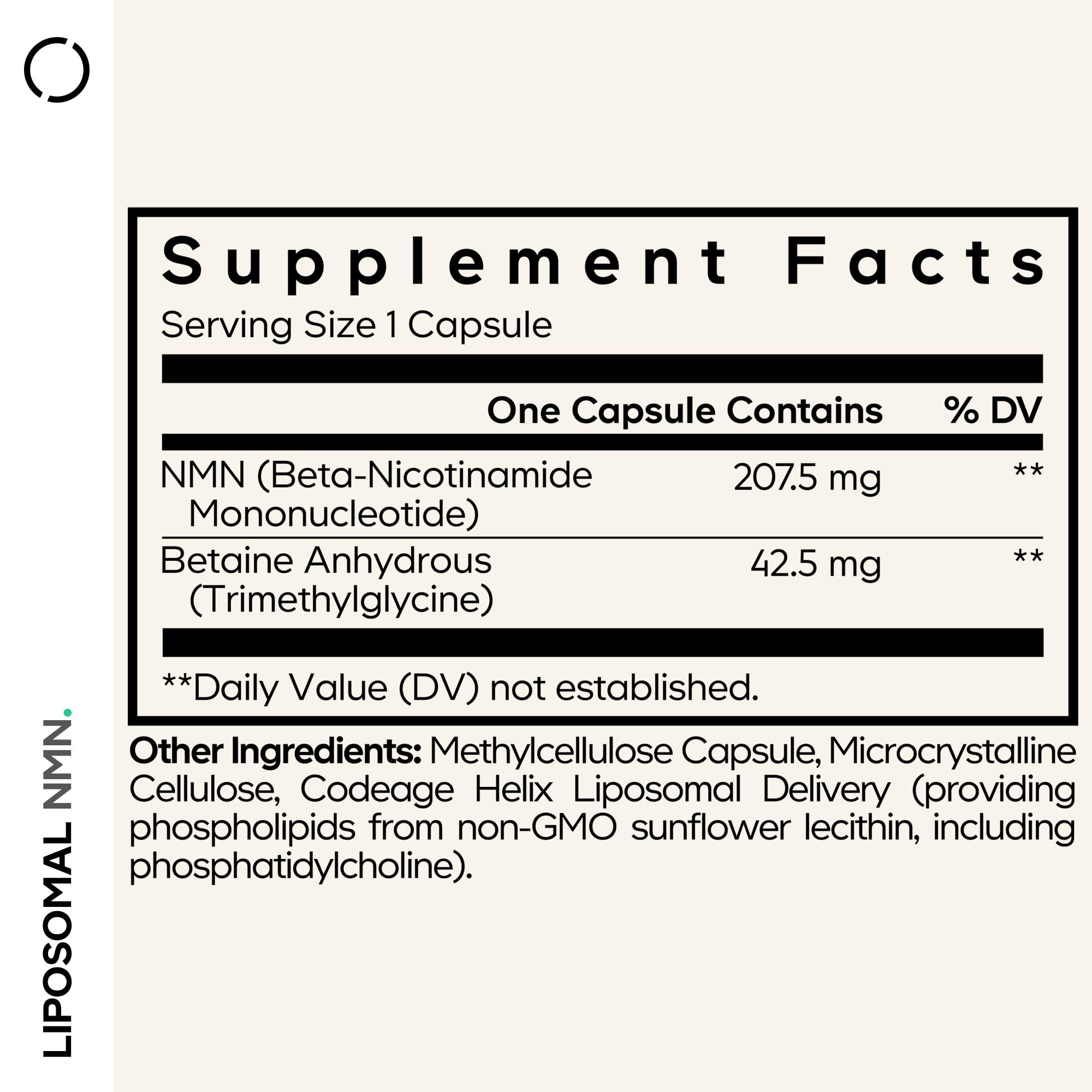 Codeage Liposomal NMN-TMG capsules close-up, suggesting convenient daily dose.