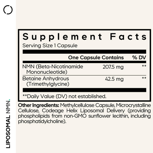 Codeage Liposomal NMN-TMG capsules close-up, suggesting convenient daily dose.