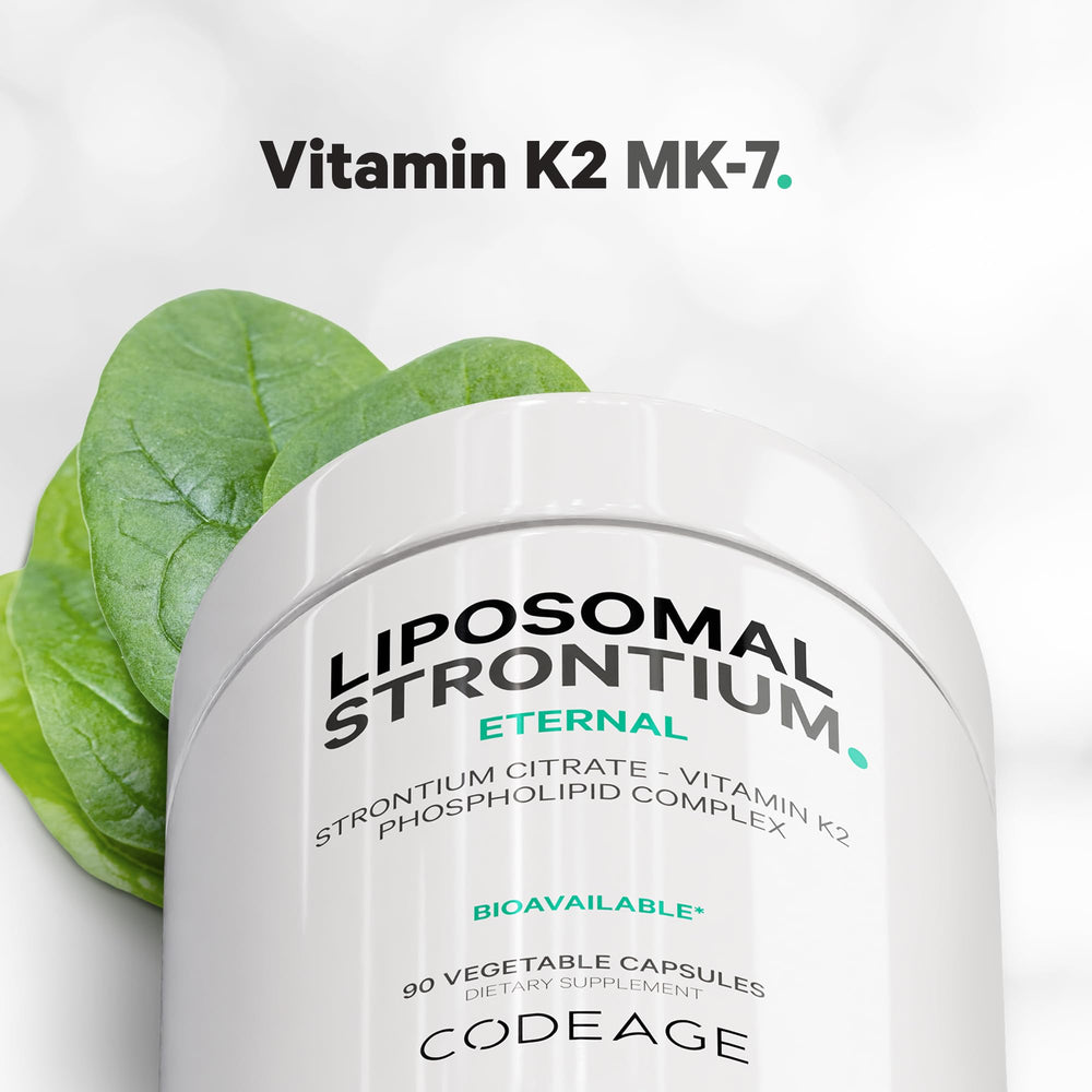 Codeage Liposomal Strontium bottle back, full ingredient and purity details.