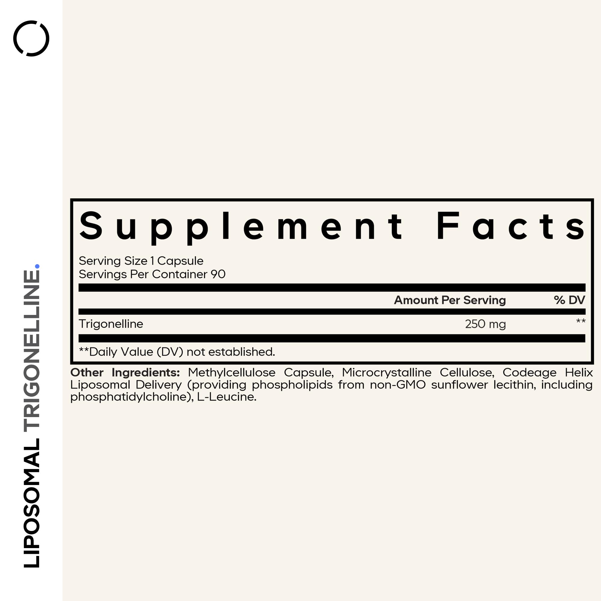 Codeage Liposomal Trigonelline bottle back label with ingredients.