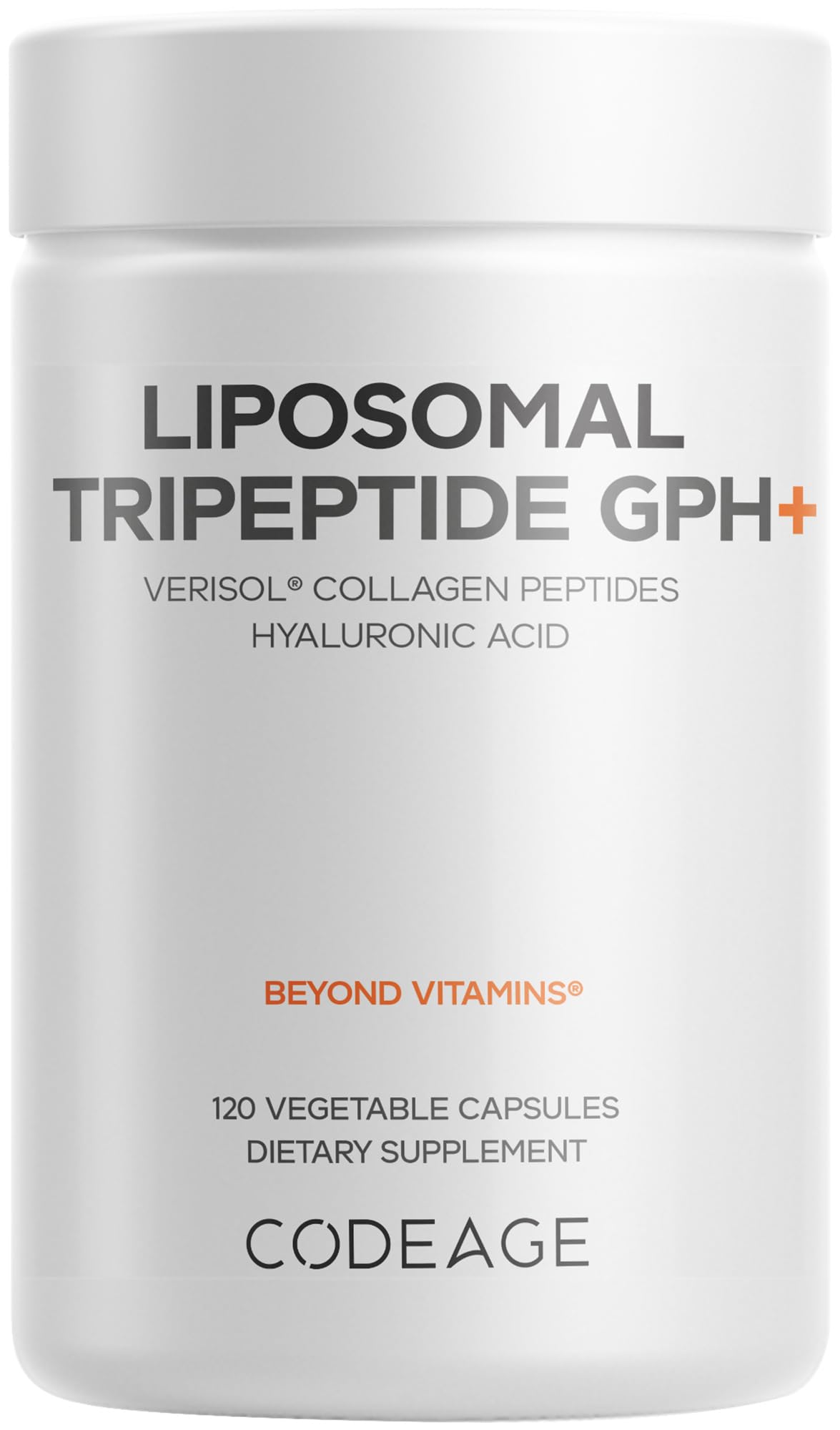 Codeage Liposomal Tripeptide GPH+ bottle front showing Verisol peptides for skin support