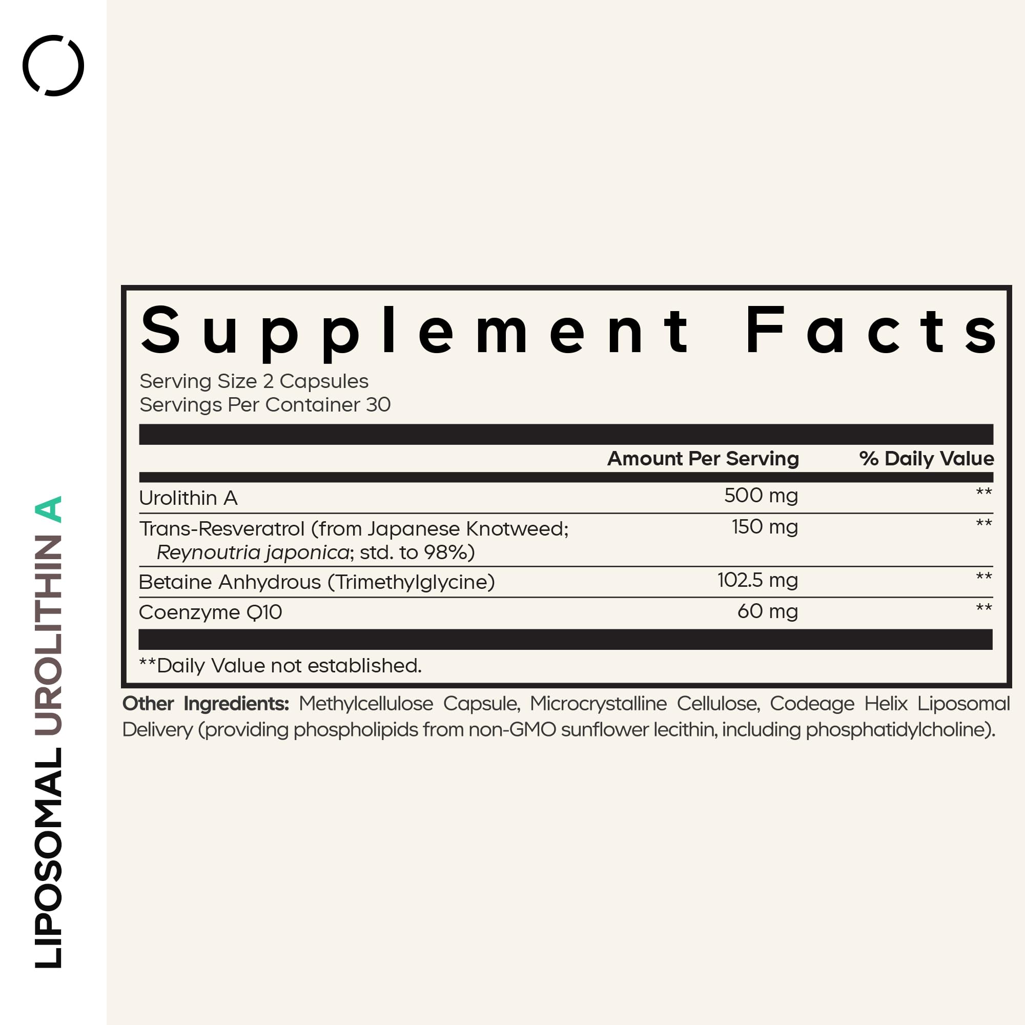 Codeage Liposomal Urolithin A capsules closeup highlight convenient daily dosage.