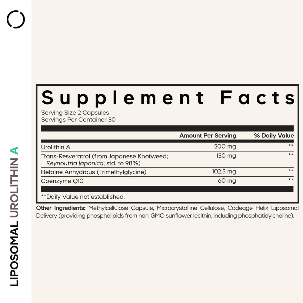 Codeage Liposomal Urolithin A capsules closeup highlight convenient daily dosage.