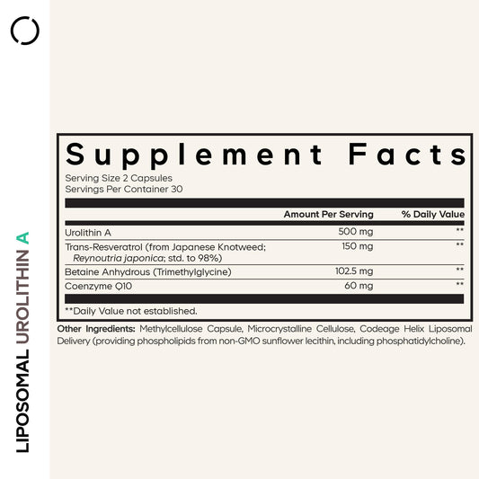 Codeage Liposomal Urolithin A capsules closeup highlight convenient daily dosage.