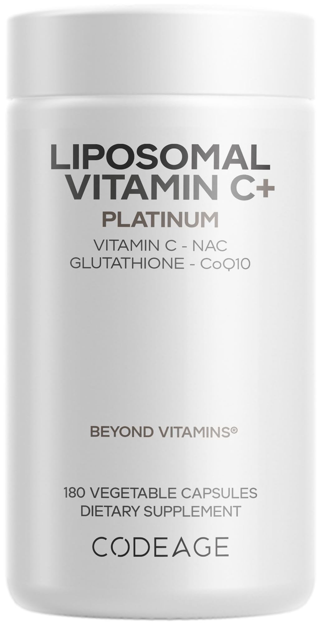Codeage Liposomal Vitamin C+ Platinum bottle on display highlighting daily 1000 mg formula