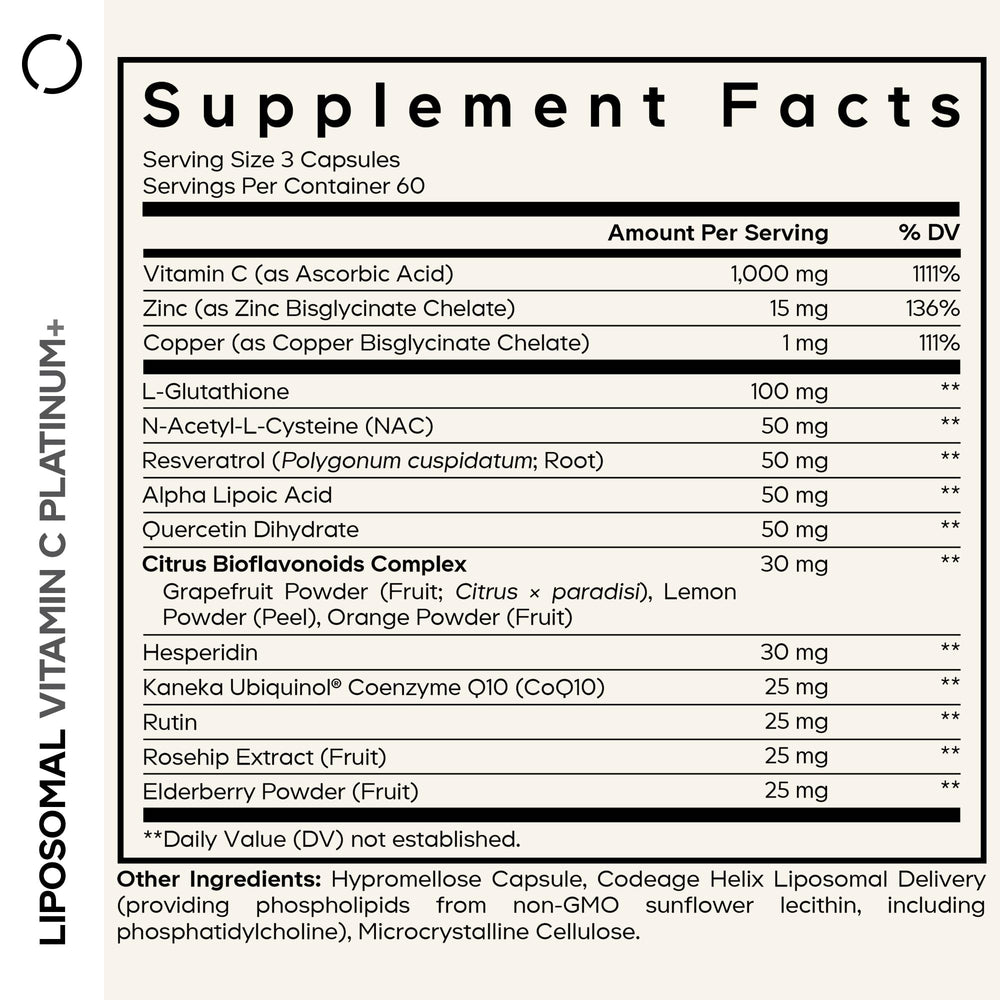 Codeage Liposomal Vitamin C+ Platinum capsules close-up showing uniform soft capsules for daily wellness