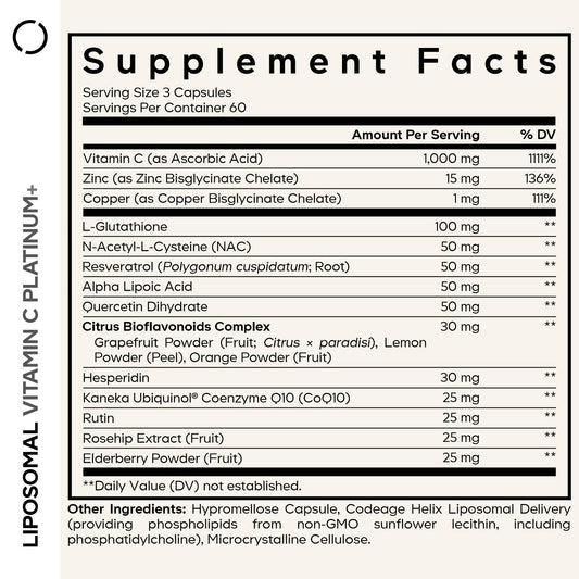 Codeage Liposomal Vitamin C+ Platinum capsules close-up showing uniform soft capsules for daily wellness