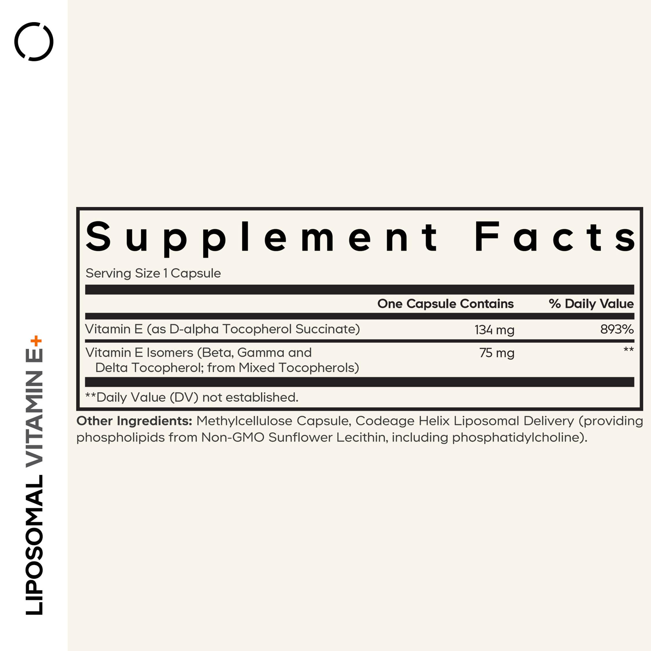 Codeage Liposomal Vitamin E bottle back view with dosage information