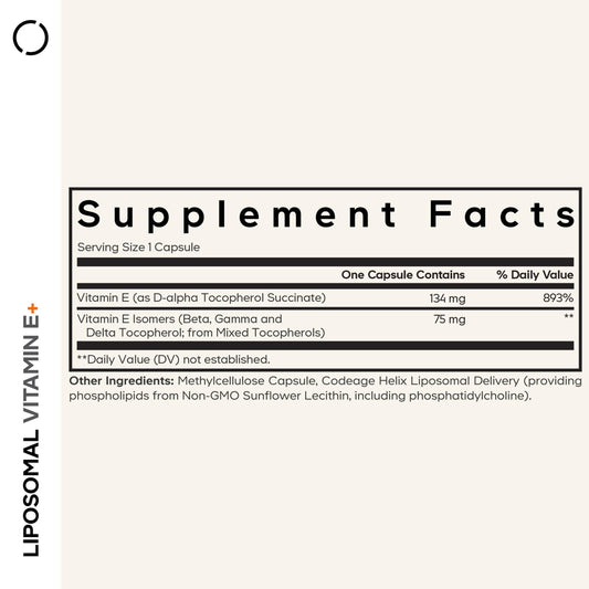 Codeage Liposomal Vitamin E bottle back view with dosage information