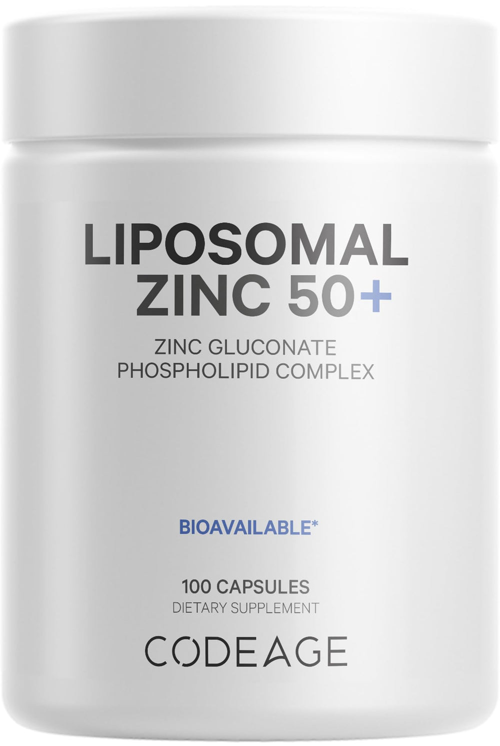 Codeage Liposomal Zinc bottle front promotes vegan daily mineral support.