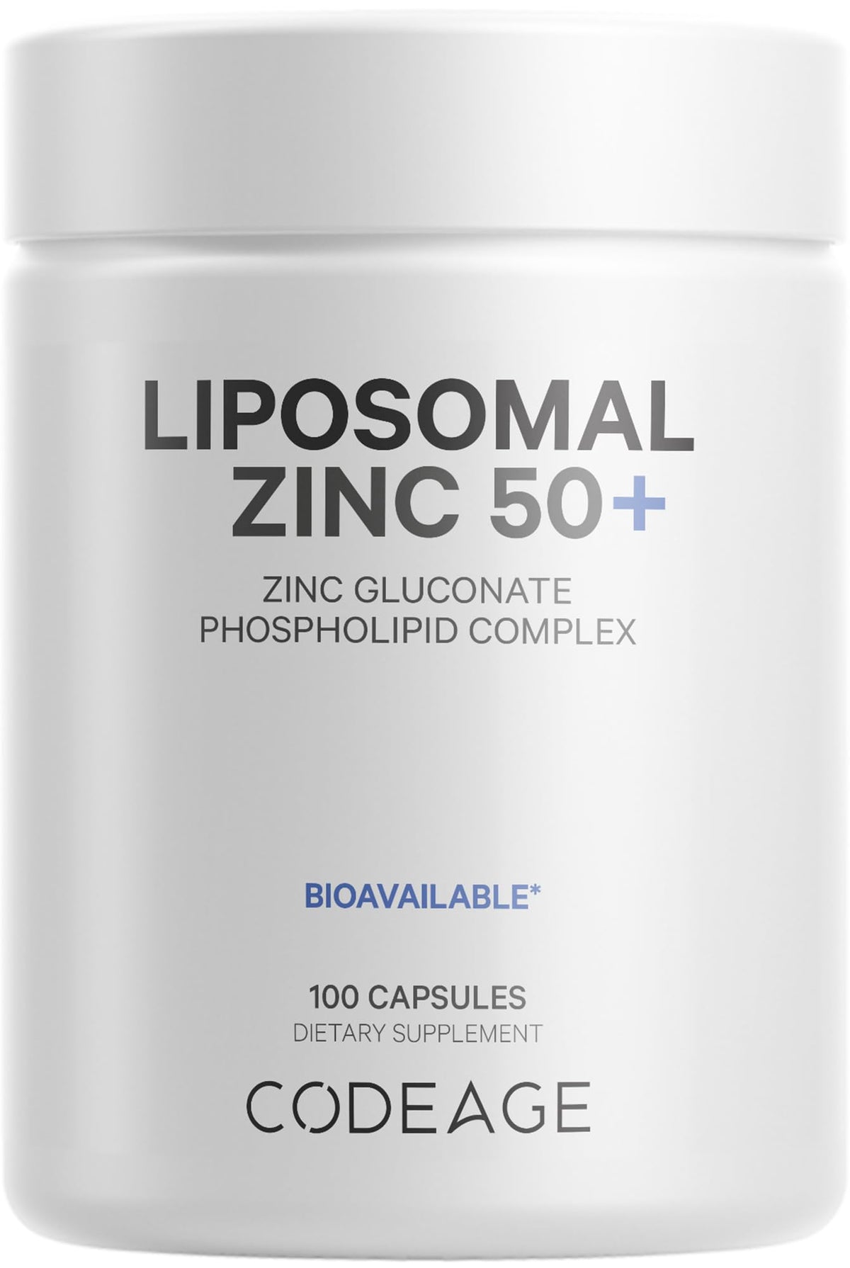Codeage Liposomal Zinc bottle front promotes vegan daily mineral support.