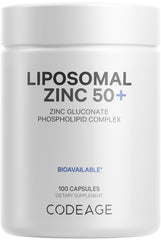 Codeage Liposomal Zinc bottle front promotes vegan daily mineral support.