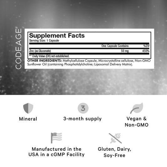 Codeage Liposomal Zinc capsules closeup shows easy-to-swallow pills.