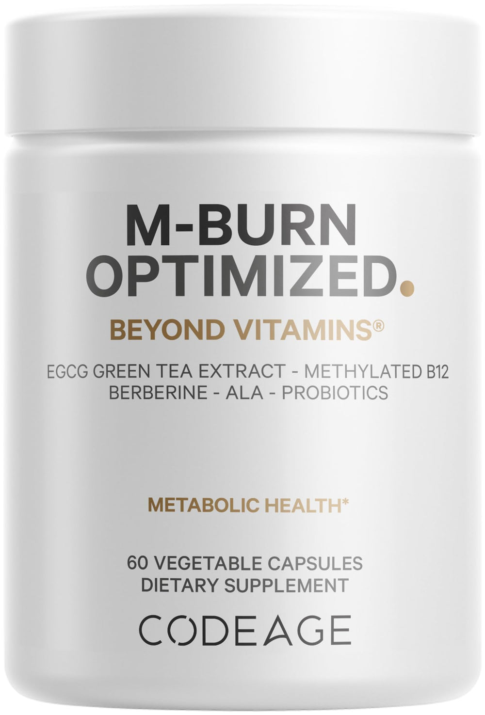 Codeage M-Burn bottle with capsules for convenient daily wellness.