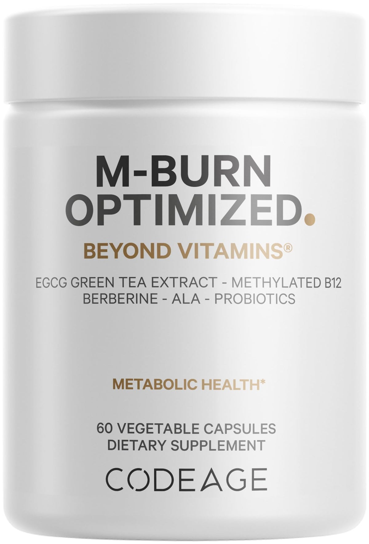 Codeage M-Burn bottle with capsules for convenient daily wellness.