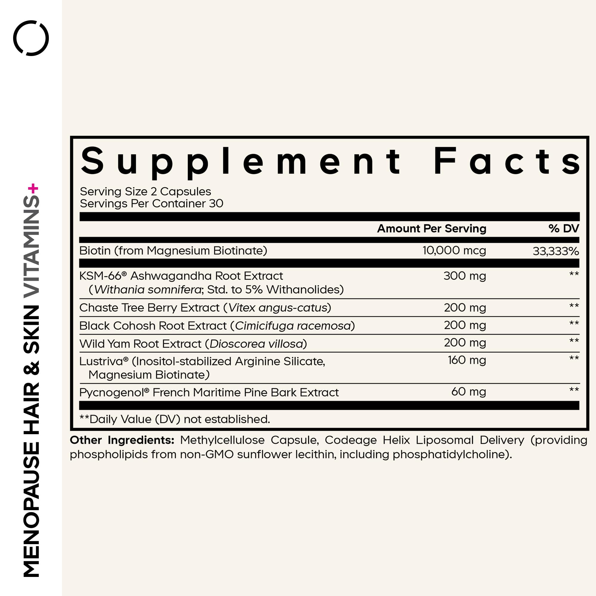 Codeage Menopause Hair & Skin Vitamins+ capsules deliver 10,000 mcg of biotin for hair and skin support.