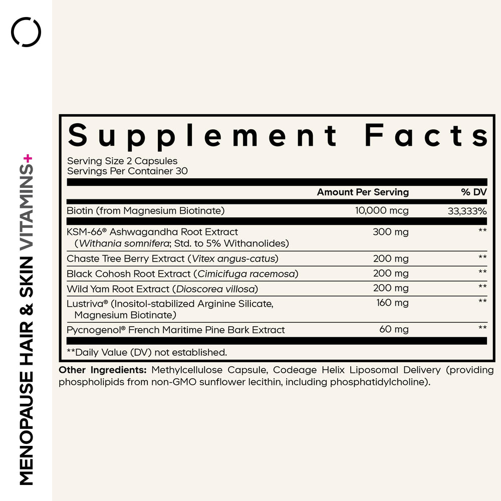 Codeage Menopause Hair & Skin Vitamins+ capsules deliver 10,000 mcg of biotin for hair and skin support.