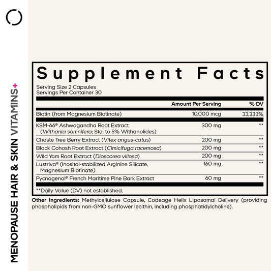 Codeage Menopause Hair & Skin Vitamins+ capsules deliver 10,000 mcg of biotin for hair and skin support.