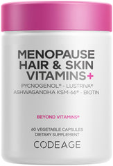 Codeage Menopause Hair & Skin Vitamins+ bottle shows Lustriva for potential hair density.