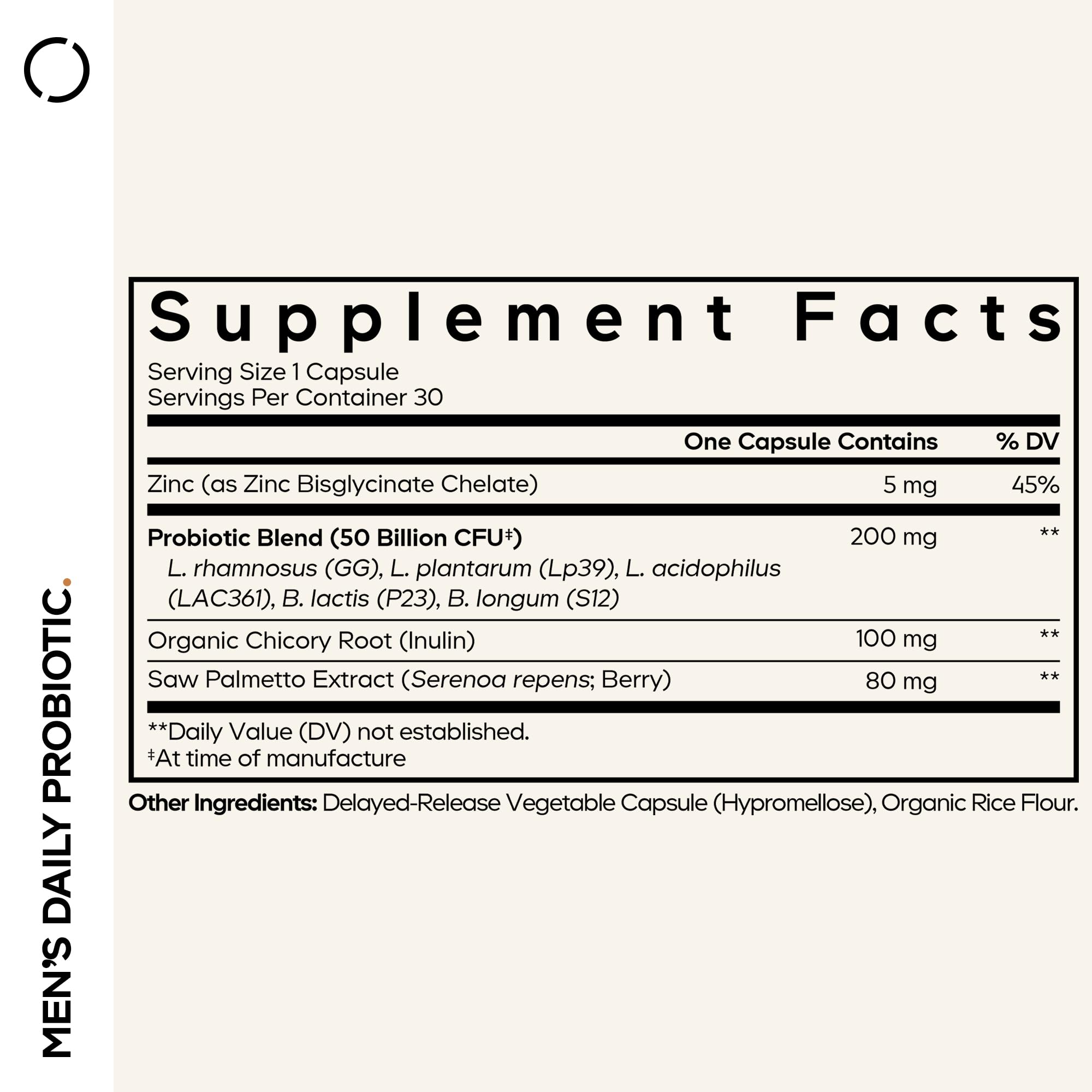 Codeage probiotic zinc bottle label highlights men's wellness ingredients.