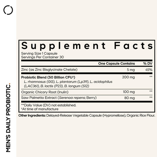 Codeage probiotic zinc bottle label highlights men's wellness ingredients.
