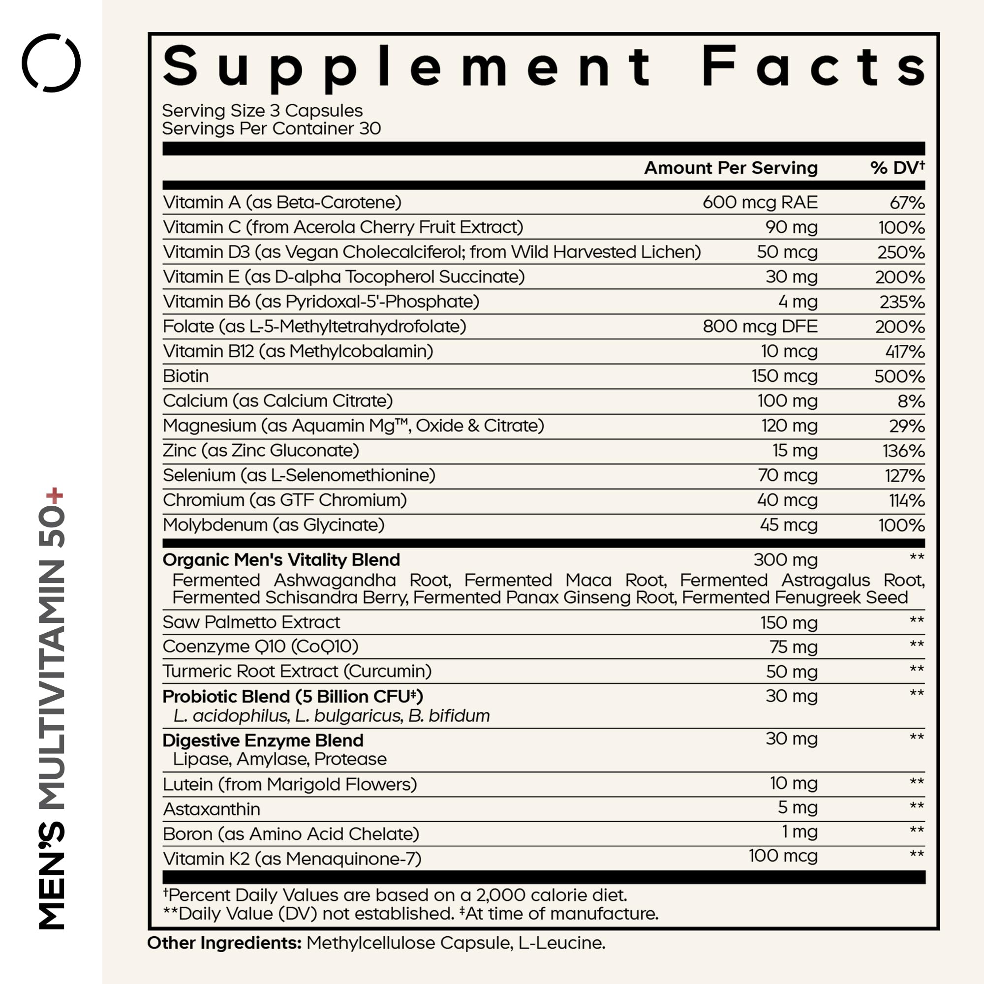 Codeage Men's Multivitamin 50+ label highlights key vitamins and minerals