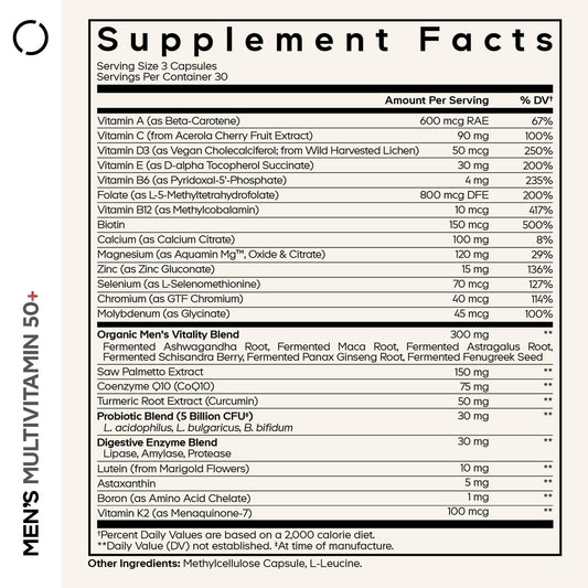 Codeage Men's Multivitamin 50+ label highlights key vitamins and minerals