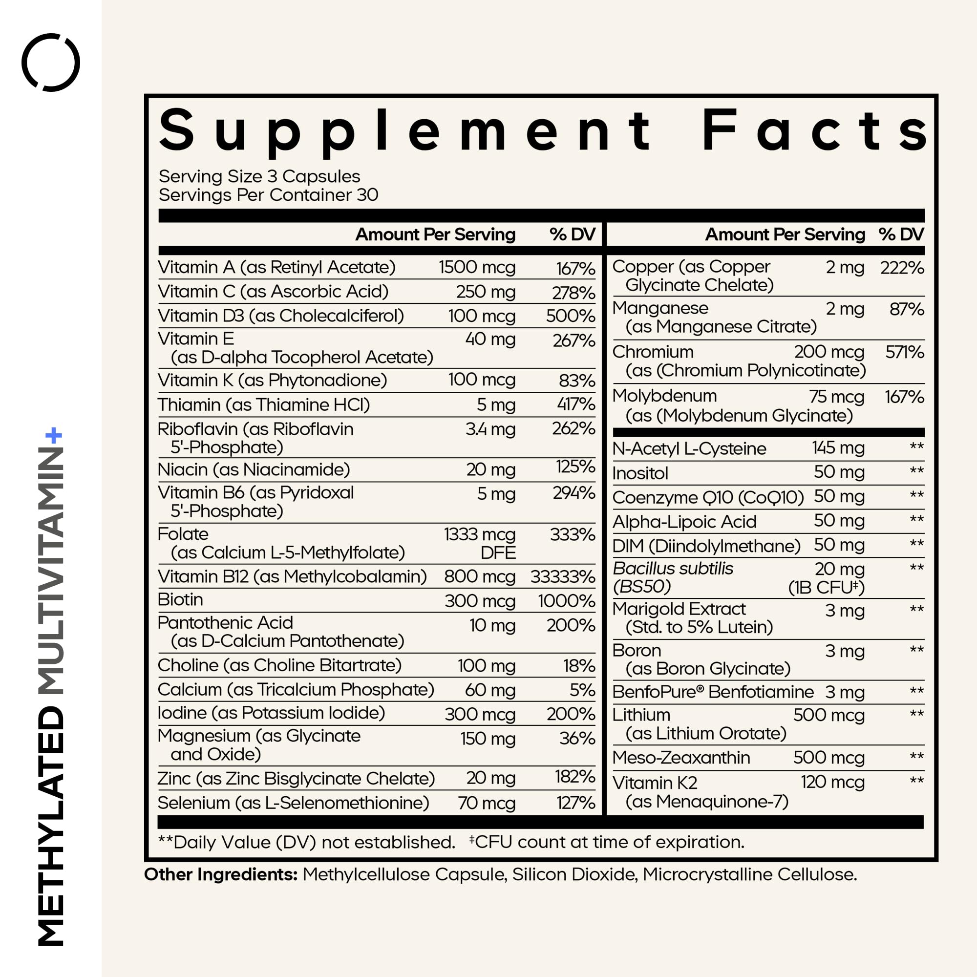 Codeage Methylated Multivitamin bottle back reveals ingredient details for informed daily use
