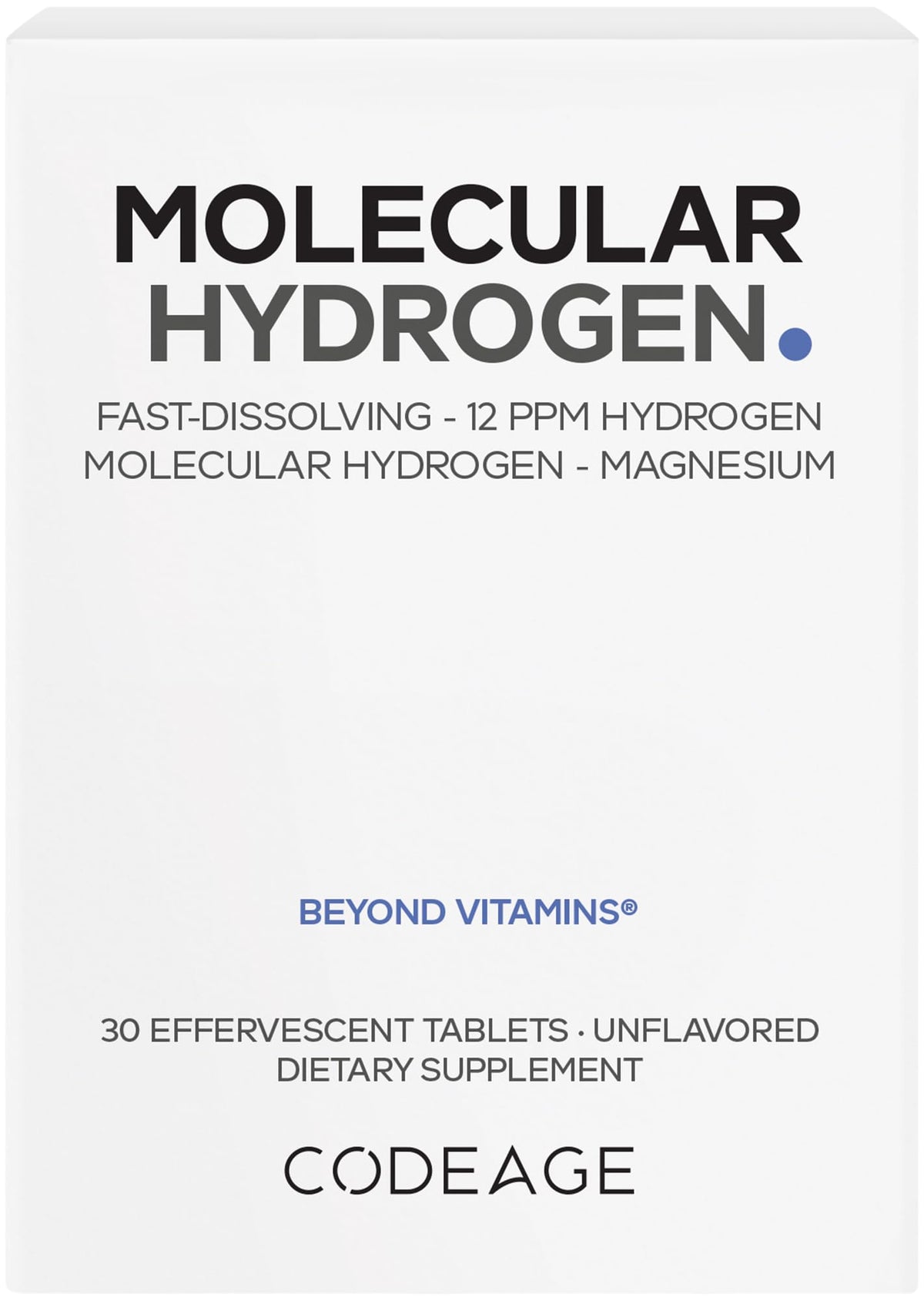 Codeage Molecular Hydrogen tablets in a box front for quick everyday hydration.