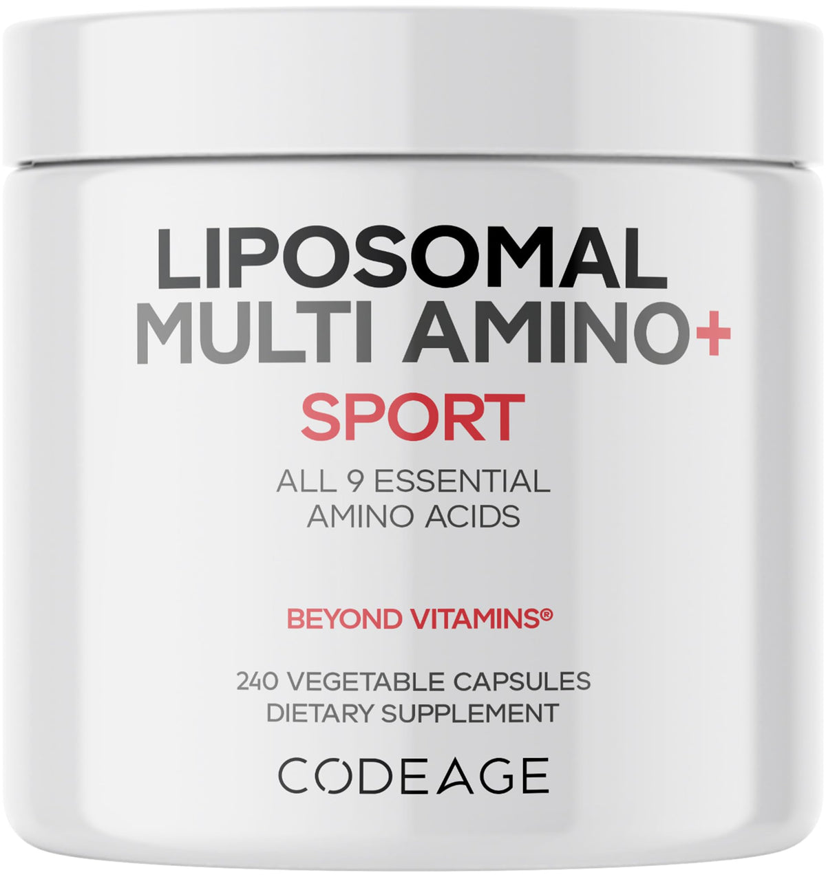 Codeage Multi Amino+ bottle with capsules showing daily essential amino acids.
