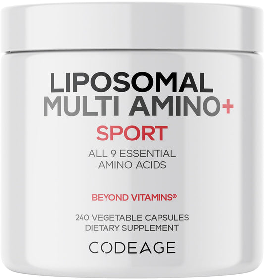 Codeage Multi Amino+ bottle with capsules showing daily essential amino acids.