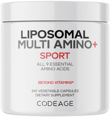 Codeage Multi Amino+ bottle with capsules showing daily essential amino acids.