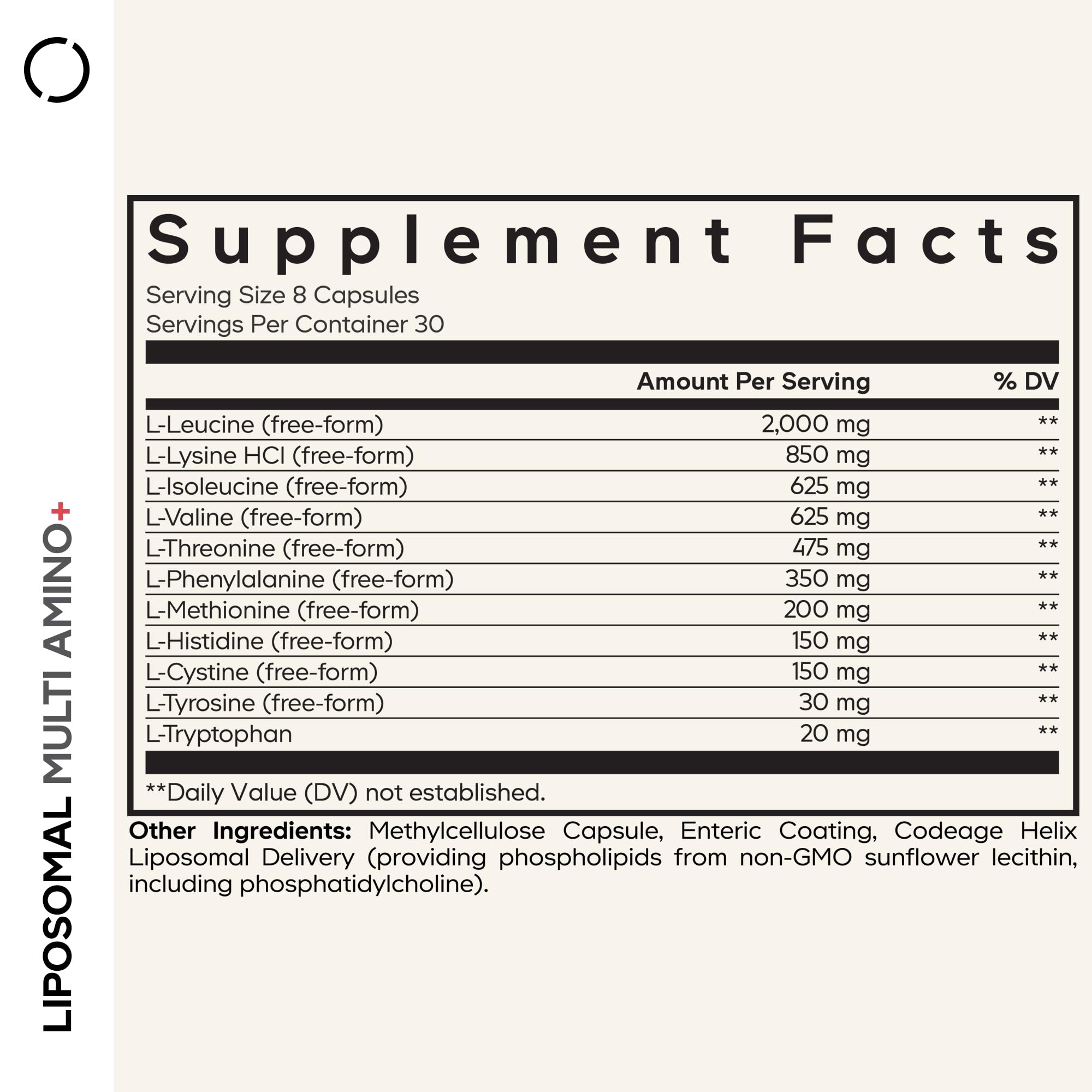 Codeage Multi Amino+ capsules close-up highlighting free-form amino acids for quick absorption.