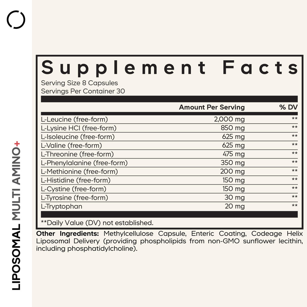 Codeage Multi Amino+ capsules close-up highlighting free-form amino acids for quick absorption.