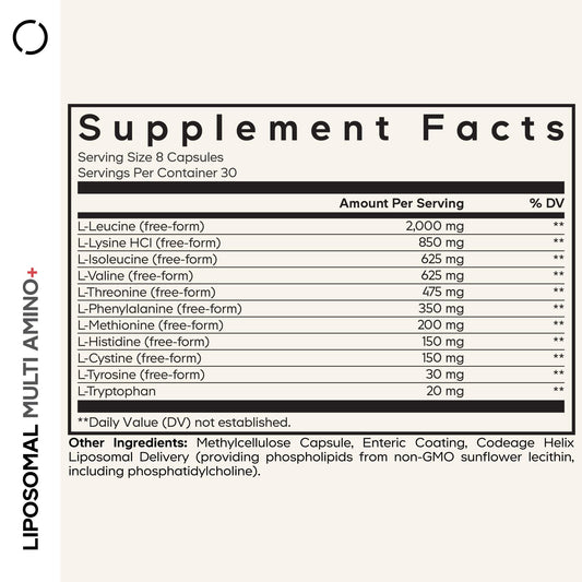 Codeage Multi Amino+ capsules close-up highlighting free-form amino acids for quick absorption.