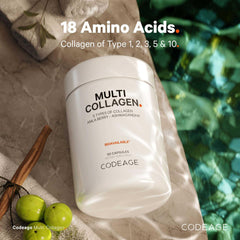 Codeage Multi Collagen bottle on desk with glass of water ready