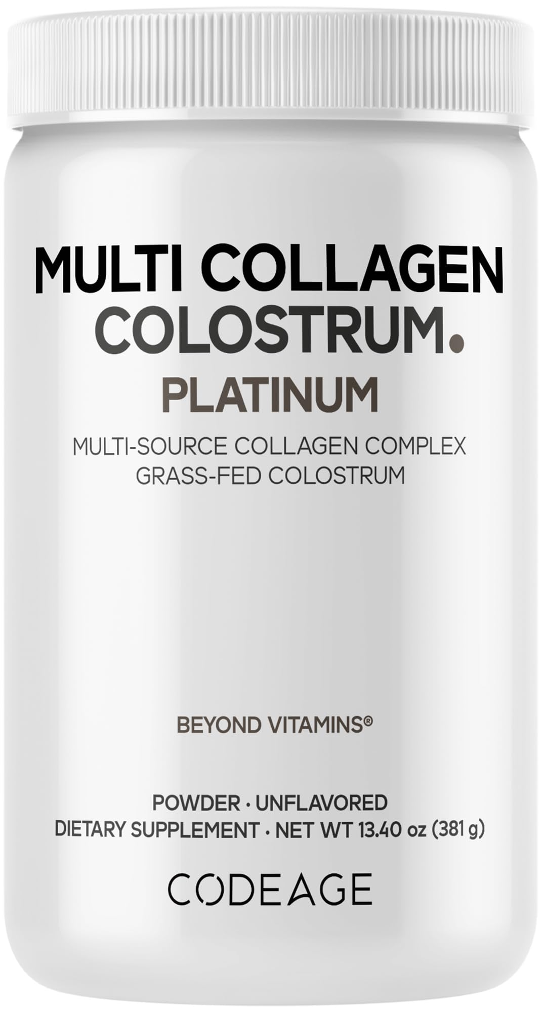 Codeage Multi Collagen Colostrum Platinum powder tub, premium blend for daily vitality.