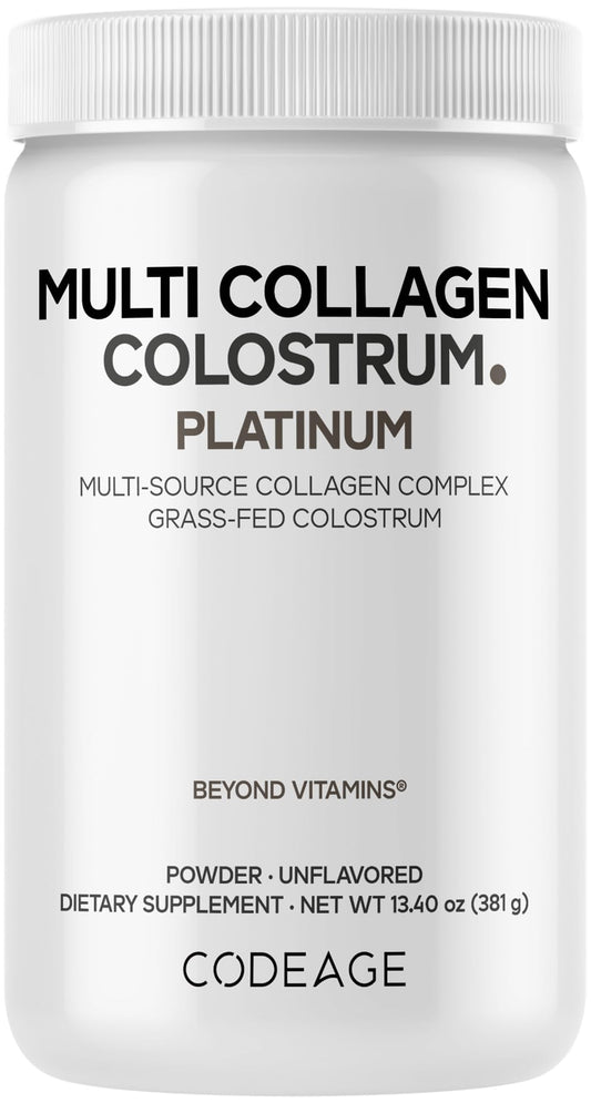 Codeage Multi Collagen Colostrum Platinum powder tub, premium blend for daily vitality.