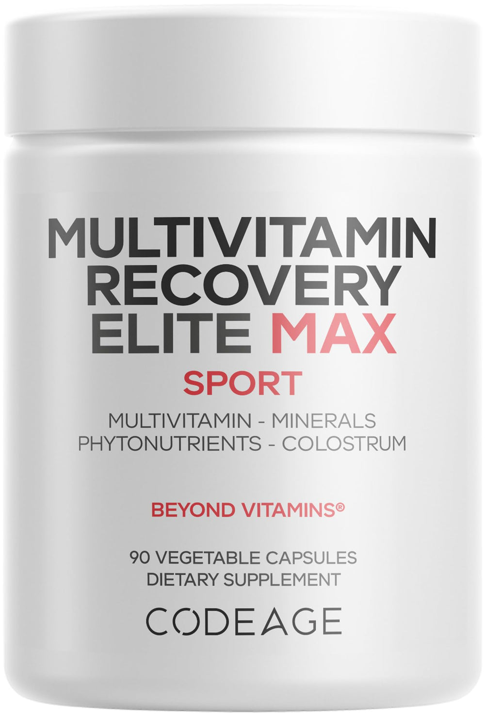 Codeage Multivitamin Recovery Elite Max bottle front view supports daily nutrition.