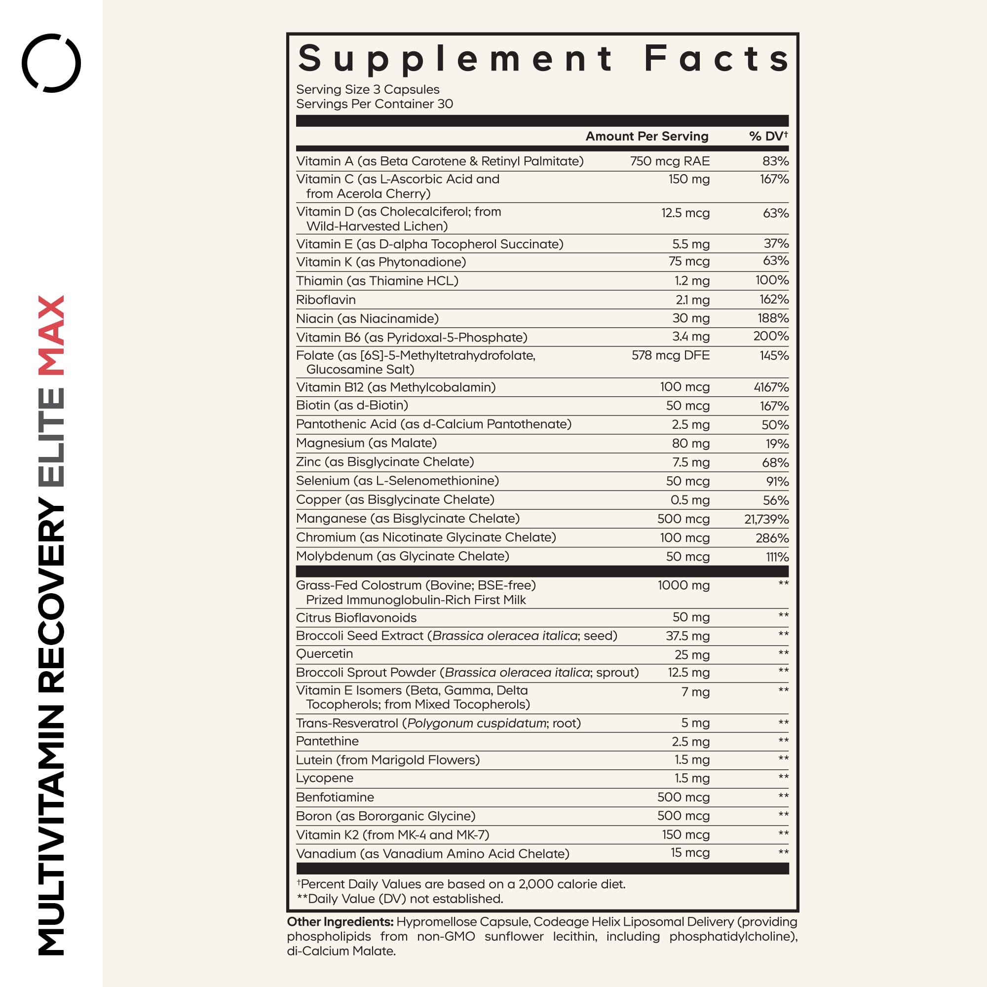 Codeage Multivitamin Recovery Elite Max bottle side view with dosing for active lifestyles.